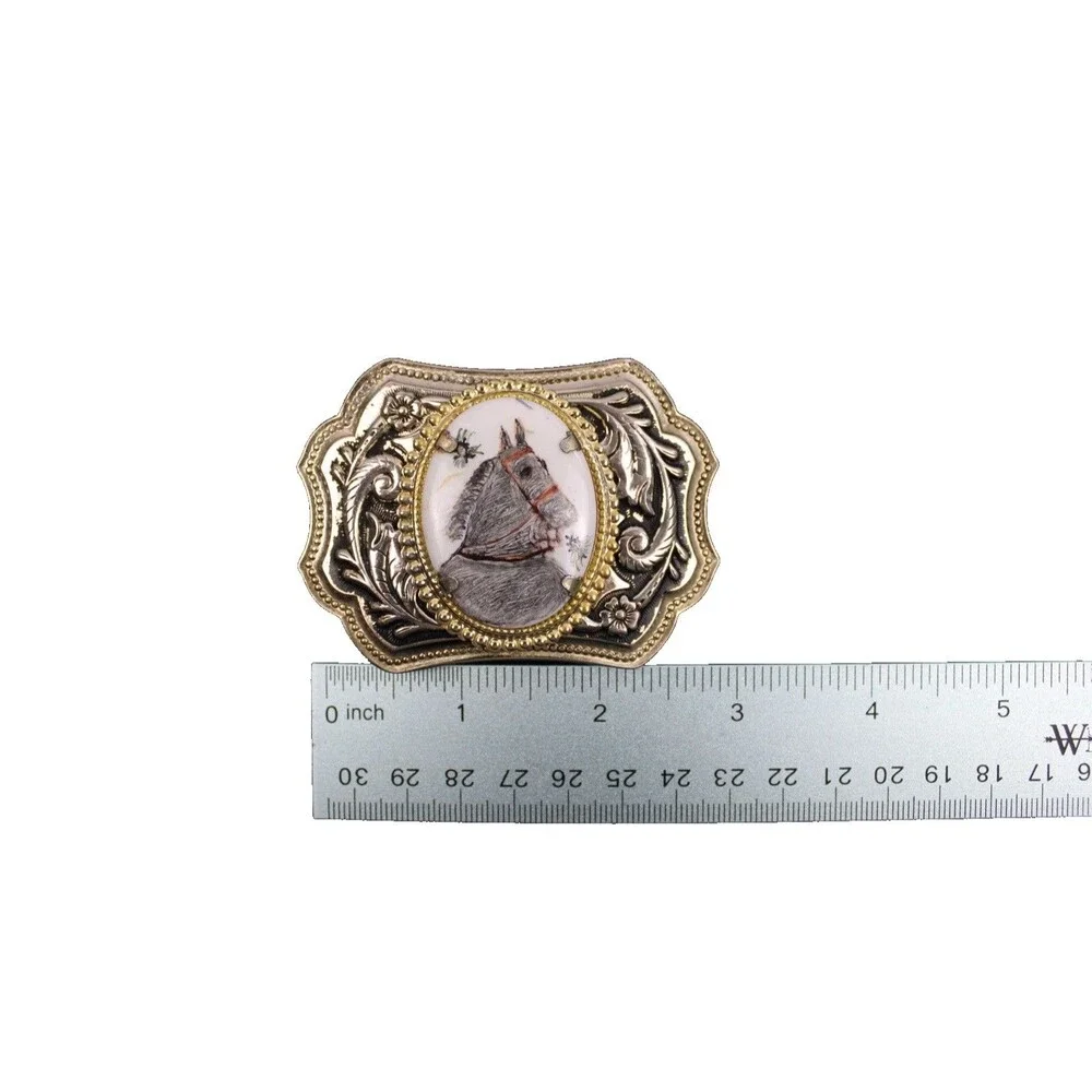 Western Belt Buckle Gold Toned Metal Belt Buckle With Oval Cameo Horse Head